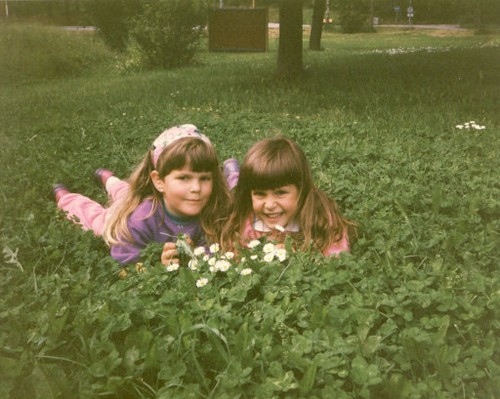 flowers, friends, grass, light, nature, sisters