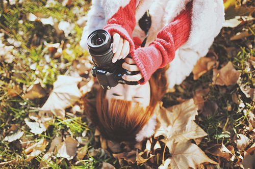 asian, autumn, camera, fall, girl, leaves