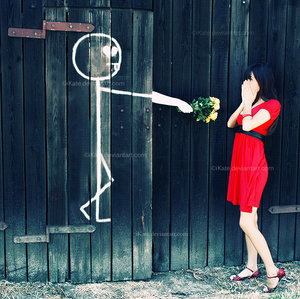 bouquet, door, drawing, dress, flowers, love