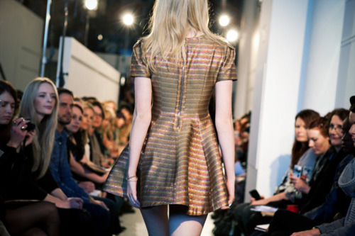 dress, fashion, fashion show, gold, model, runway