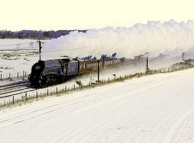 england, snow and steam train