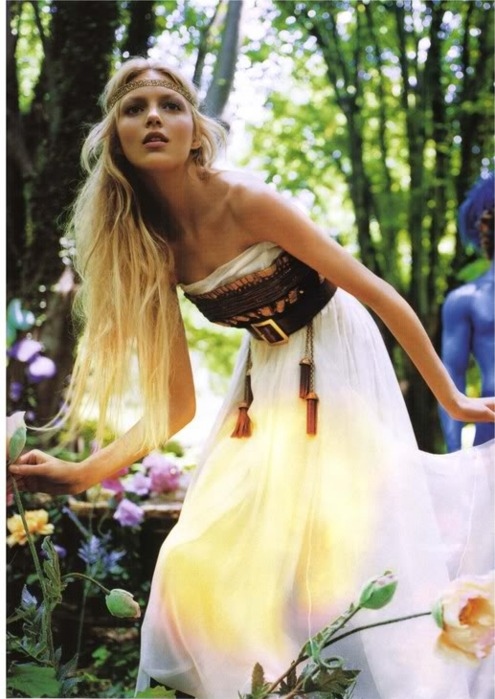 blonde, dress, forest, girl, headband, hippie