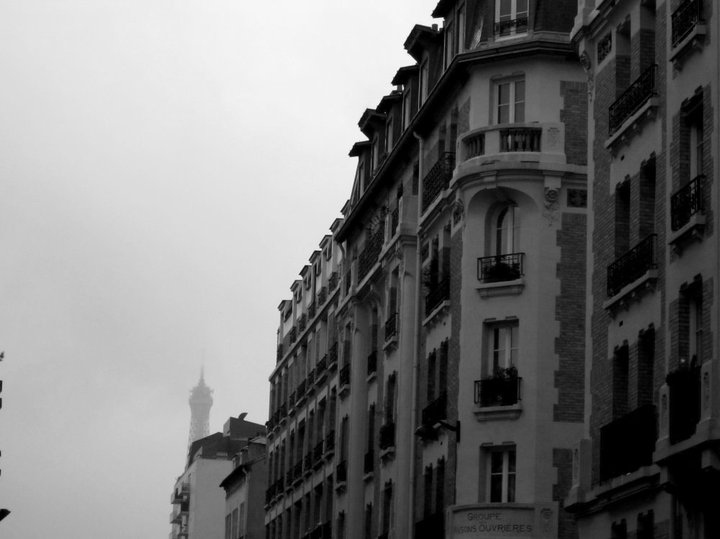 clouds, eiffel tower and facade