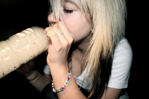black hair, blond, blond hair, bottle, bracelet, girl