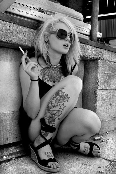 black and white, blonde and cigarette