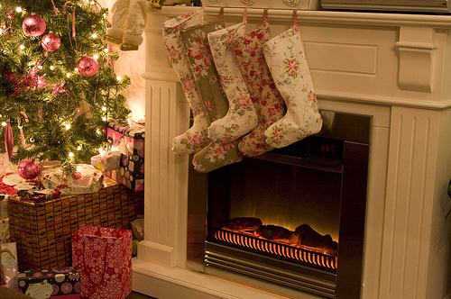christmas, fire place and gifts