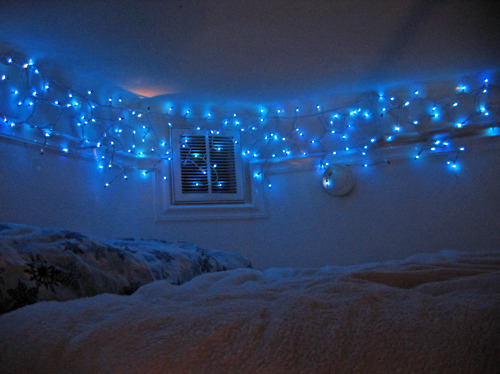 bed, bedroom and blue lights