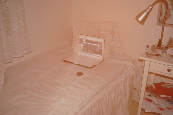bed, computer and lamp