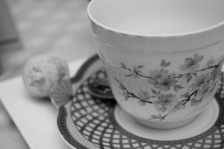 black & white, cup and flowers