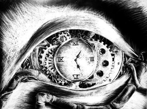 black and white, clock and eye