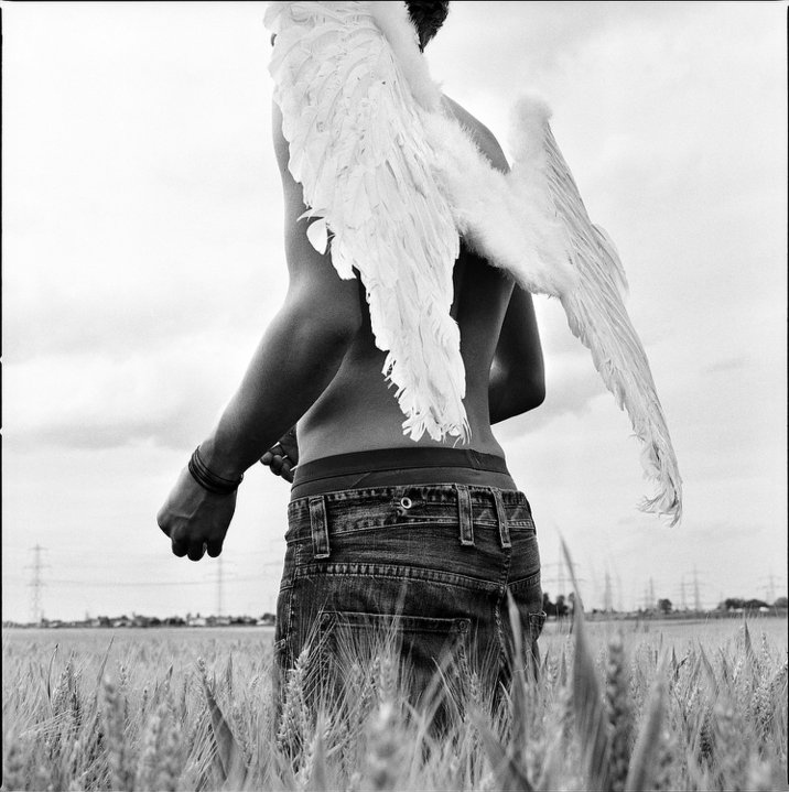 angel, black and white and field