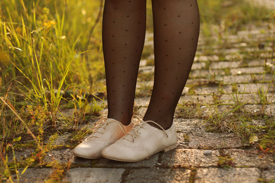 beige, brogues and dot tights