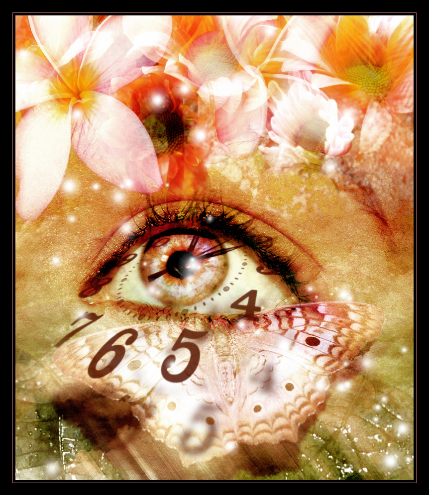 clock, eyes and floral