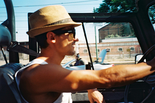 driving, fedora and guy