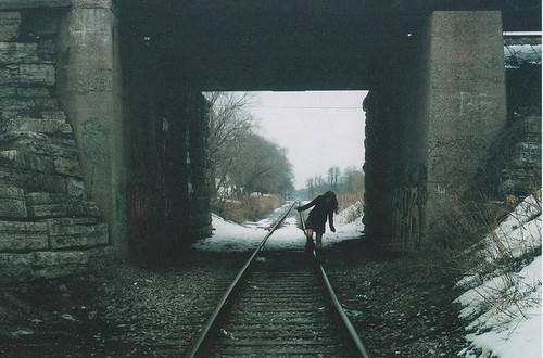 dark, girl and railroad track