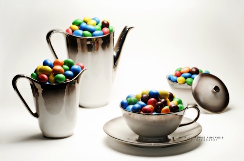 food, m&m and tea cup