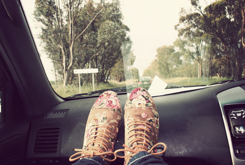 car, feet and floral