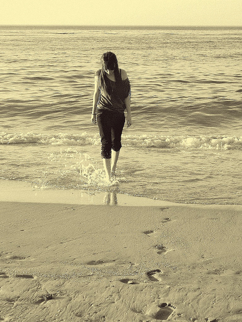 algiers, beach, footsteps, girl, long hair, rambeling