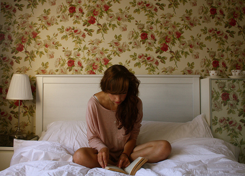 bed, book and floral