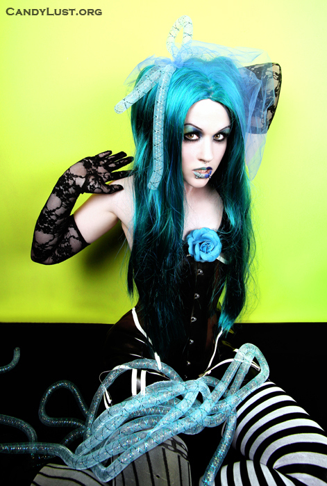 beauty, black corset and blue hair