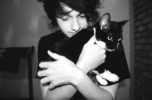 black and white, boy and cat