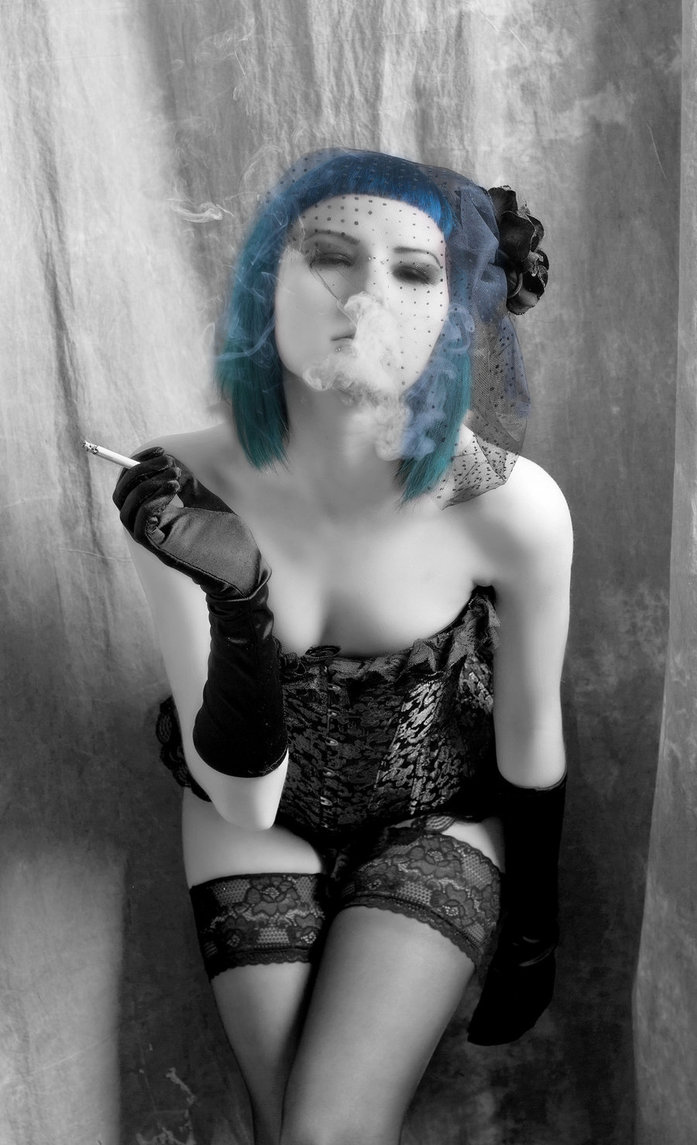 blue hair, cigarette and corset