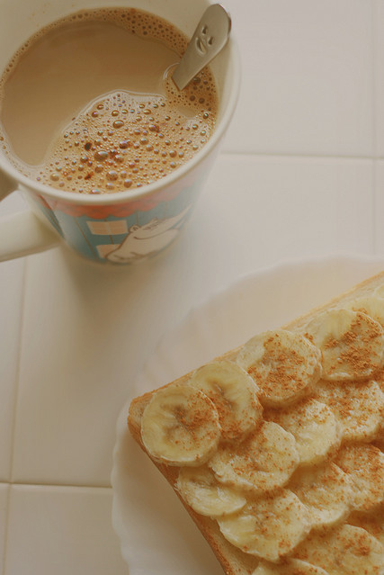 banana, breakfast and cafe au lait
