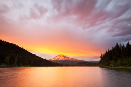 clouds, landscape, moutain, river, sunset, trees