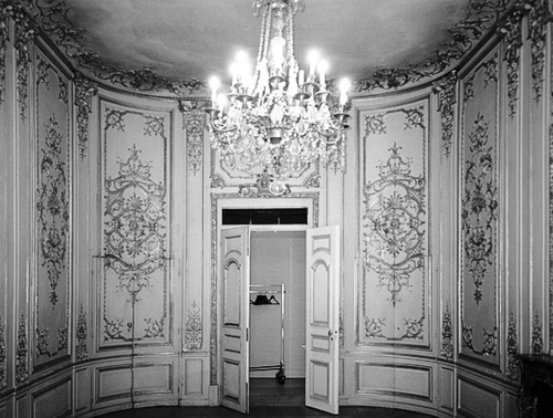 b&w, chandelier and chateau