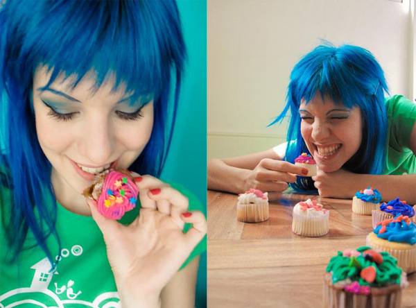 blue hair, candy and cupcake