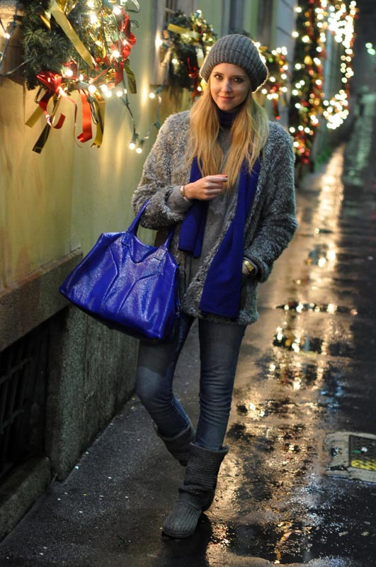 blonde, blue and christmas lights