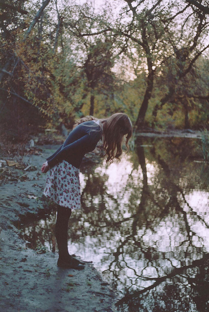 forest, girl and pond
