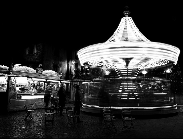 black & white, black and white and carrousel