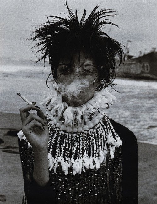 black and white, black hair and cigarette
