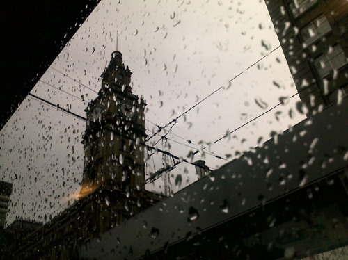 city, clock and rain
