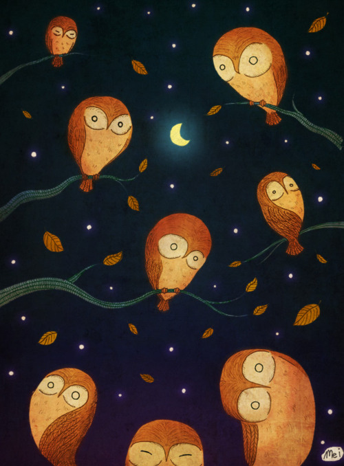 art, branches, cute, illustration, leaves, night