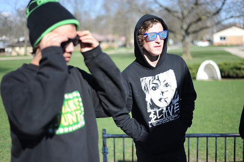 beanie, boys and glasses