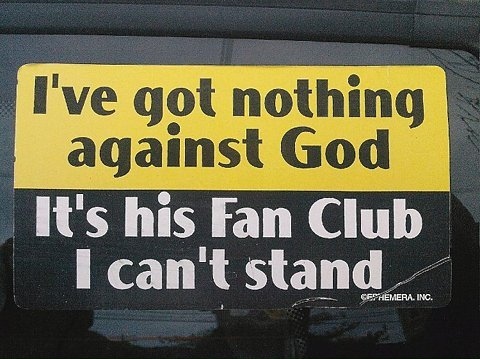 bumper sticker, fan club and god