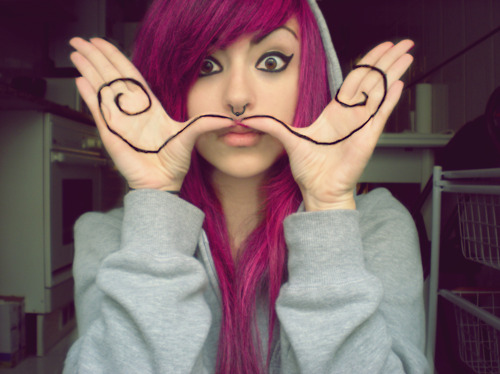 girl, moustache and pink hair
