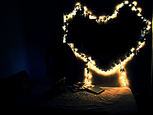 bed, bedroom and christmas lights