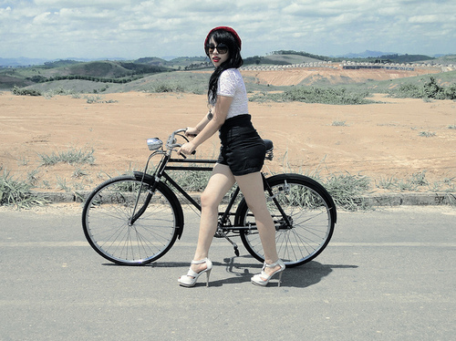 bike, black hair and girl