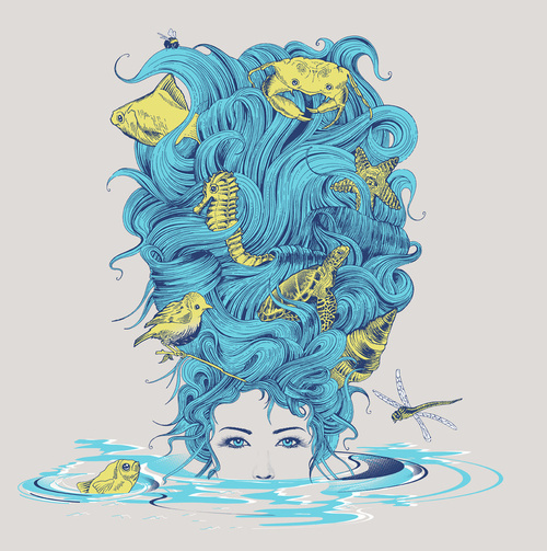 blue hair, hair and illustration