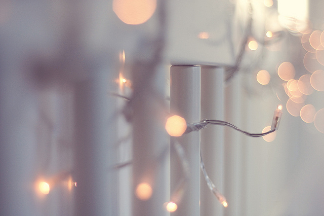 bed, bokeh and fairylights