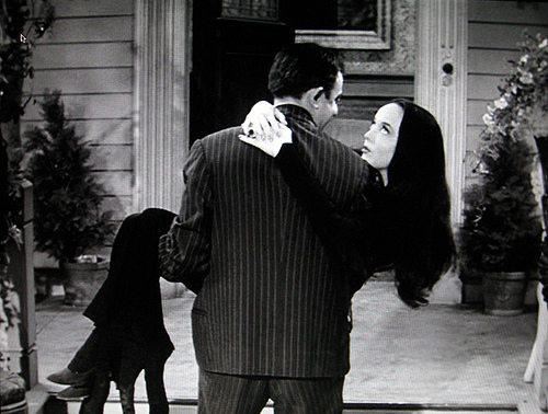black and white, couple and gomez addams