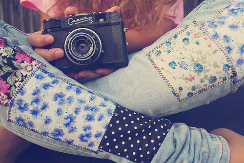 camera, flowers and jeans