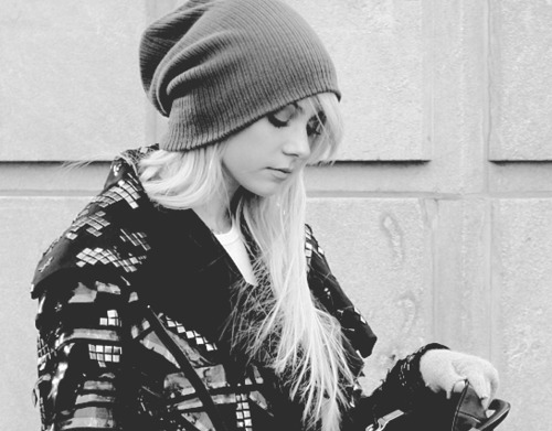 beanie, black and white and blonde