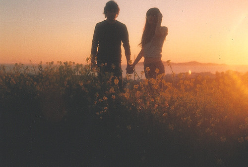 couple, daisies and field