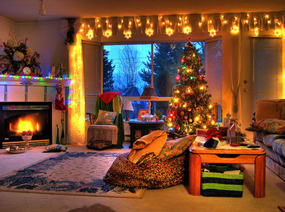 christmas, cosy, cozy, fire, home, lights, room, snow, tree, window 