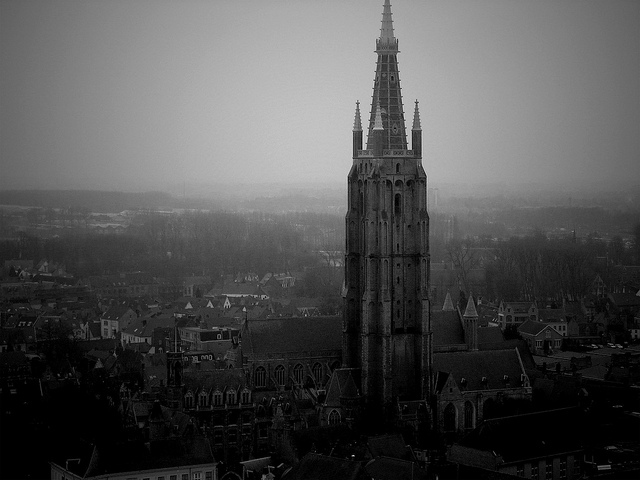 black and white, brugge and fog