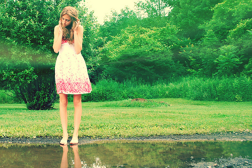 blonde, dress, girl, green, hair